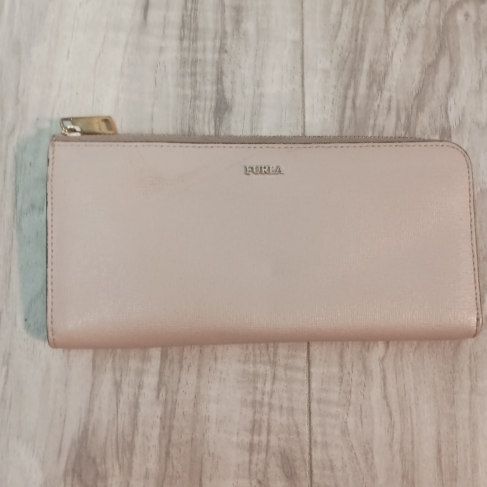 Authentic FURLA Long Beige Leather Designer Zip Around Wallet